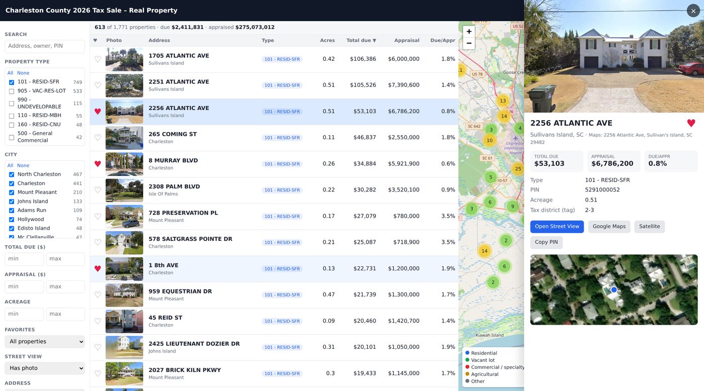 TaxBidder app: filters, property table with photos and a details drawer